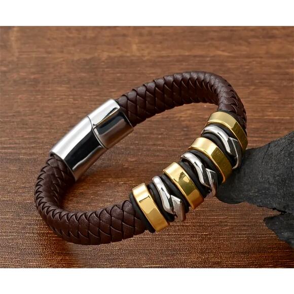 Unisex Handcrafted Braided Faux Leather Magnetic Clasp Bracelet Golden on Brown - Picture 1 of 3